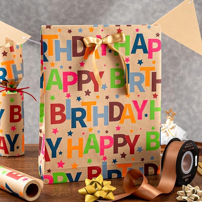 MAYPLUSS Happy Birthday Wrapping Paper Roll, Colorful Kraft Birthday Gift Wrap for Boys Girls Men Women 17 IN x 16.5 FT