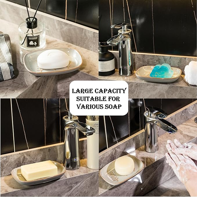 Miamolo Ceramic Soap Dish Soap Holder, Soap Lift for Bar Soap Sponge, Shower Soap Dishes for Bathroom Kitchen Counter Soap Saver Tray Keep Dry, Dishwasher Safe