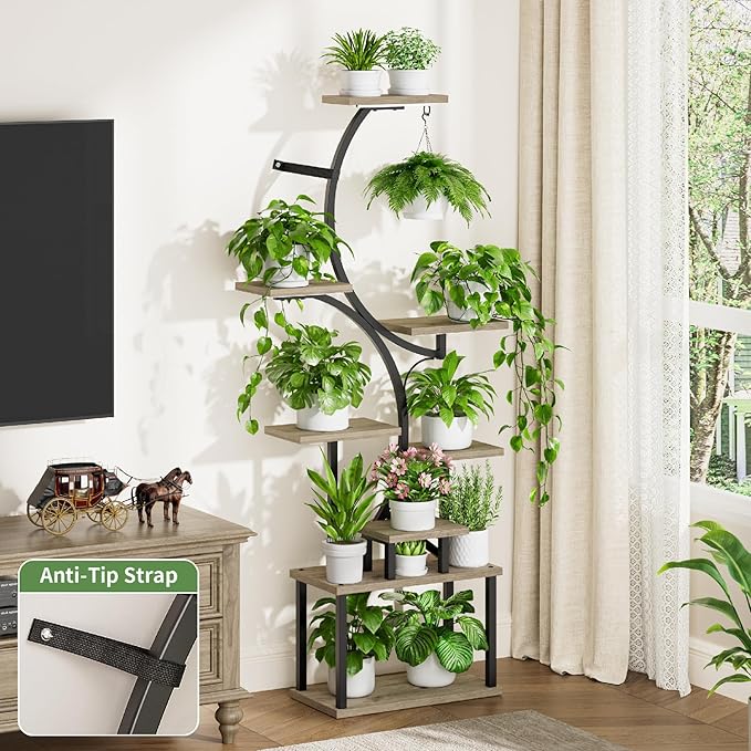 Plant Stand with Grow Lights for Indoor Plants, 8-Tiered Tall Corner Plant Shelf with Full Spectrum Light, S-Shaped Space-Saving Narrow Flower Holder, Anti-Tip for Living Room Bedroom Office, Grey