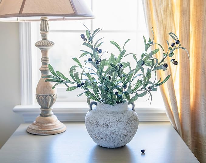 CozyWel Rustic White Two-Ear Ceramic Vase with Hand-Glazed, Textured Pottery Vase with Two Ears for Centerpieces, Kitchen, Living Room, Bedroom Decor Gifts (Rustic White, Short)