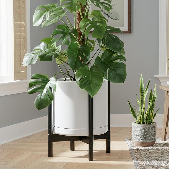 D'vine Dev Ceramic Planter with Ebony Stand - 14 Inch Modern Round Flower Pot with Wood Planter Holder, White, 55-B-S-1