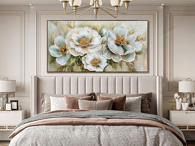 Arjun Big Size Framed Canvas Wall Art for Bedroom, Large Wood Frame Vintage Flower Painting Living Room Textured Artwork Gold Picture Bloosom Dining Room Kitchen Home Office Wall Decor, 58"x29"