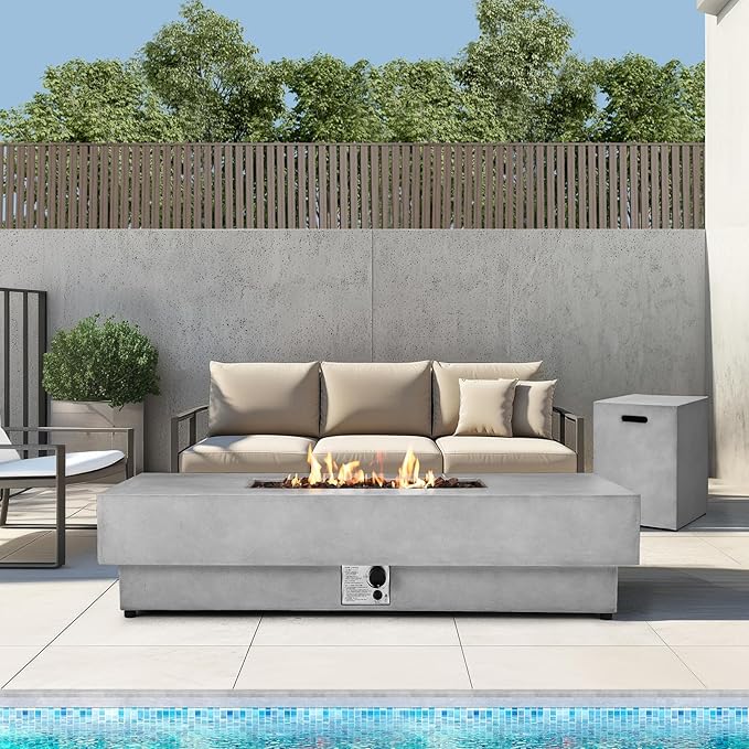SiTimmGer 60-inch Outdoor Propane Fire Pit Coffee Table with Tank Cover, 50,000 BTU Concrete Rectangle Modern Outside Fire Table, Auto-Ignition, Included Lava Rocks, Metal Lid & Waterproof Cover