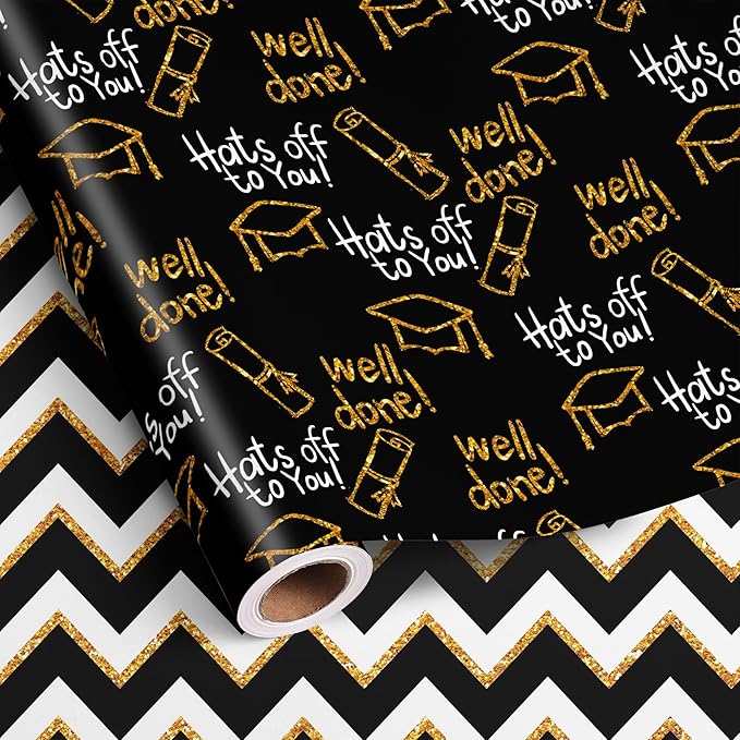 Altarho Reversible Graduation Wrapping Paper Set Rolls Black Gold Trencher Cap and Wavy Stripes Gift Wrap Sheets for Party Celebration Annusarily Back to School Total 28.5sq.ft