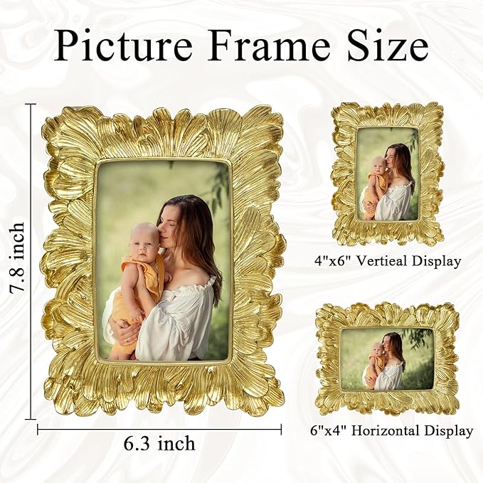 4x6 Vintage Picture Frame Gold, Ornate Leaves Photo Frame with Glass Front, Elegant Picture Frame for Wall or Tabletop Display, Gift ldeas for Home Decor