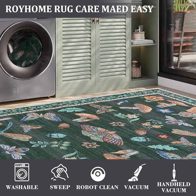 5x7 Washable Mushroom Floral Small Rug Non Slip Living Room Vintage Area Rug Low Pile Soft Bedroom Rugs Non Shedding Kitchen Rugs Boho Retro Indoor Carpet for Kids Nursery Room, Black