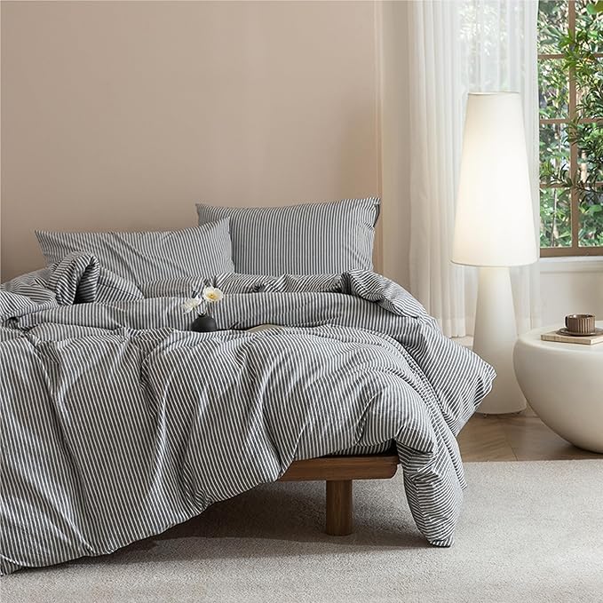 JIYUAN 100% Washed Cotton Striped Duvet Cover Set 3 Pieces King, 1 Duvet Cover and 2 Pillowcases(Comforter Not Included),Linen Like Comfy and Breathable,Pinstripes-Heathered Dark Grey White