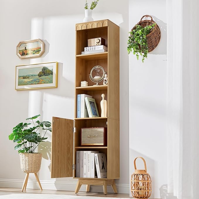 Tall Narrow Bookshelf with Door, Mid Century Modern Bookcase, 71" Slim Storage Cabinet with Adjustable Shelves, Modern Open Display Storage Organizer for Living Room Bathroom Office, Natural