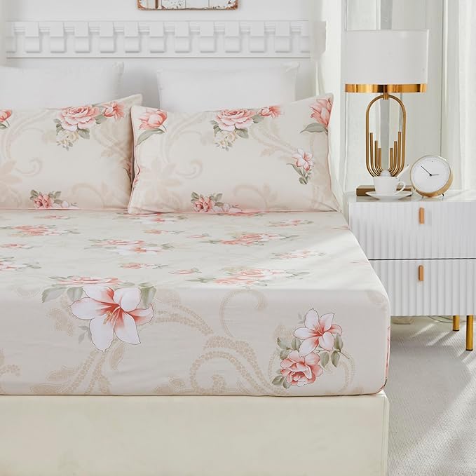 Brandream Floral Bed Sheets Twin Size Luxury Blossom Flower Print, 100% Egyptian Cotton 4 Pieces Sheet Set, Kids Sheets, Cooling Sheets for Twin Size Bed Deep Pockets, Floral Bed Sheets
