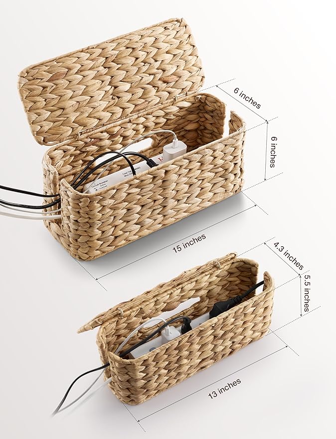 TIDITA Set of 2 Wicker Large Cable Management Box - Cord Box Hider for Home, Office - Water Hyacinth Cable Hider Box, Surge Protector Box for TV Wires, Computer - Power Strip Box - 3 Slots, Secure Lid