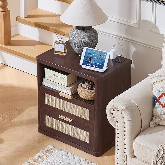LEYAOYAO Rattan Nightstands with Charger Station, 23" Wide Boho Night Stand with 2 Drawers, Bedside Table Open Shlef, Bed Side End Table Dresser for Bedroom, Living Room Hallway, Walnut