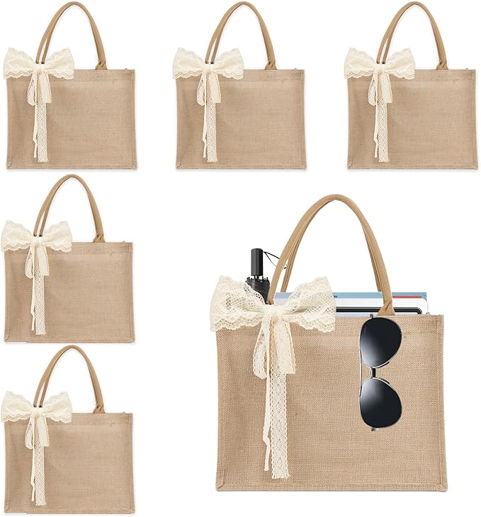 6pcs Burlap Tote Bag Set with Handles, Waterproof Reusable Blank Water Resistant Grocery Bags with Ribbon Large Jute Tote 15.35*6*12 Inch for Women Bridesmaid Gift Beach Shopping Wedding Travel DIY