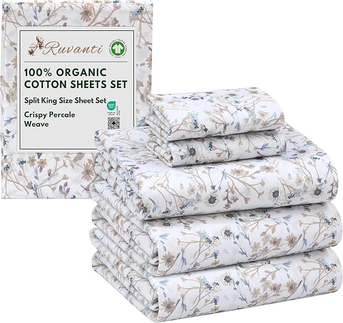 RUVANTI 100% Organic Cotton Sheets Split King, Percale Weave, GOTS Certified, 5-Piece Set, Deep Pocket 15", Crisp & Breathable, Soft Durable Bedding, Sábanas Algodón Orgánico – Tranquil