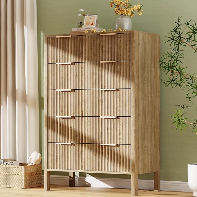 47" Tall Dressers for Bedroom Fluted 5 Drawer Dresser, Wooden Dresser Modern Chest of Drawers Dressers with Organizer Storage for Bedroom, Living Room, Entryway, Oak