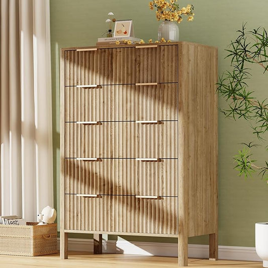 47" Tall Dressers for Bedroom Fluted 5 Drawer Dresser, Wooden Dresser Modern Chest of Drawers Dressers with Organizer Storage for Bedroom, Living Room, Entryway, Oak