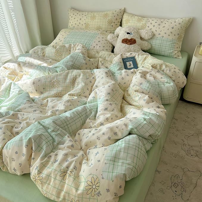LifeTB 100% Cotton Muslin Duvet Cover Twin XL Aesthetic Floral Comforter Cover with Botanical Flower Cute Plaid Design Cottagecore Bedding Set Ultra Soft Breathable Gauze Duvet Cover for Kids Girls