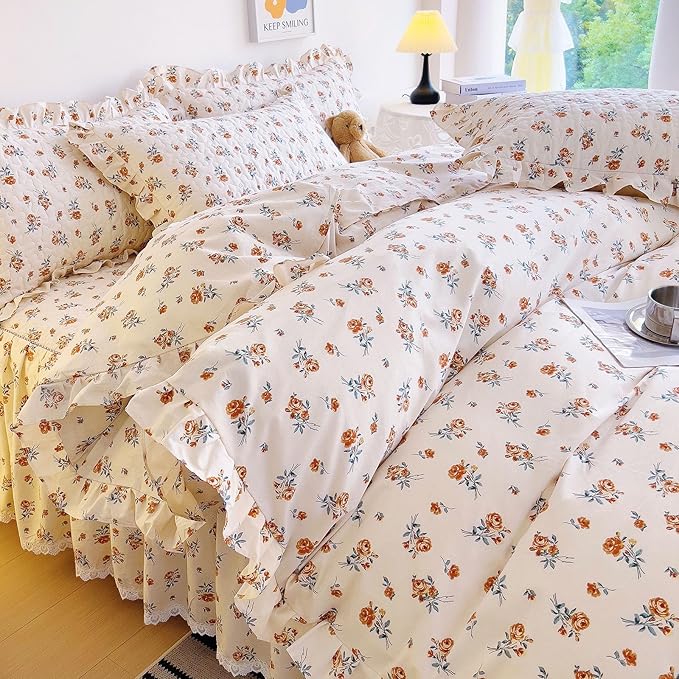 EAVD Cute Romantic Floral Duvet Cover King Soft Cotton Garden Small Floral Ruffled Bedding Set with 2 Pillowcases Fresh Chic Botaical Pattern Duvet Cover with Zipper Closure