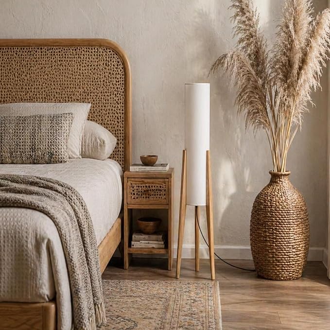 MIXL-Tripod Wooden Tall Floor Lamp,Fabric Drum Shade Corner Standing Lamp,Farmhouse Style Floor Light for Nursery and Study Room