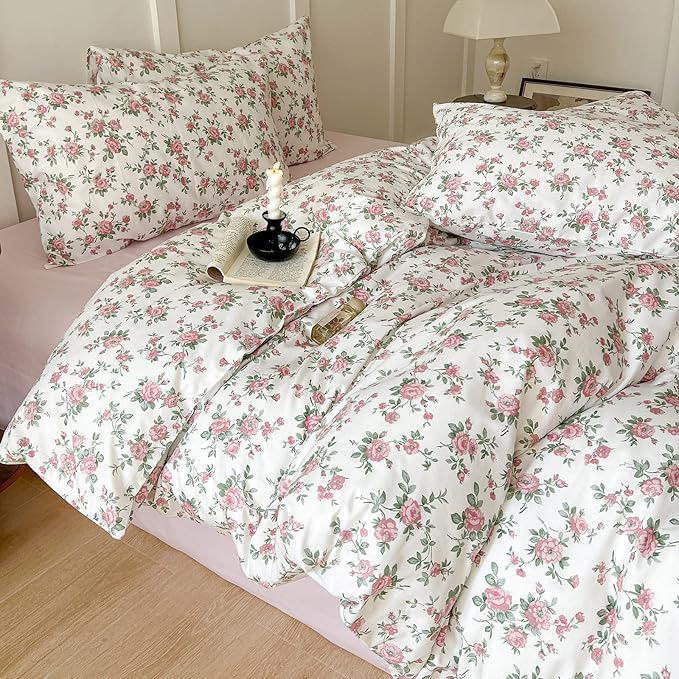 HighBuy Pink Floral Comforter Set Queen Vintage Floral Comforter Sets with Pink Botanical Soft Cozy Queen Bedding Comforter Set with 2 Pillowcases,Cute Floral Bed Comforter Sets for All Season