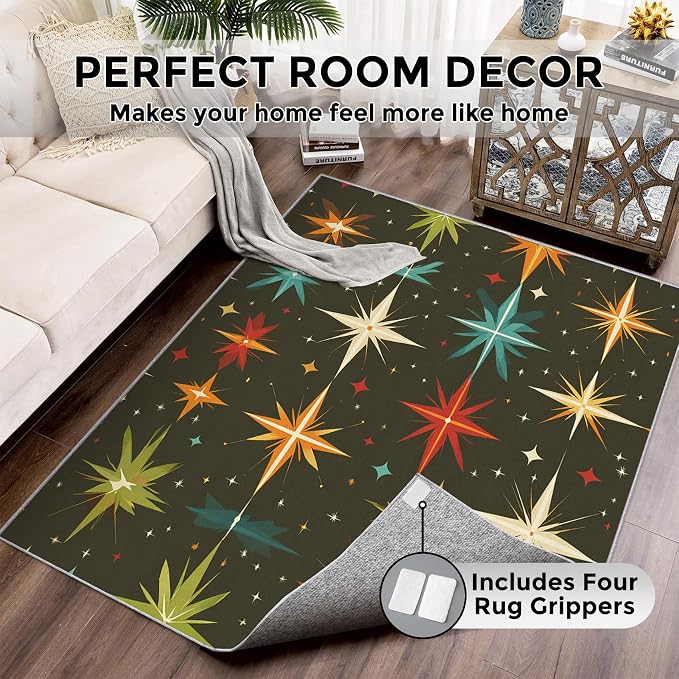 Atomic Rugs for Bedroom 8x10 ft, Abstract Starburst Area Rugs for Living Room, Washable Non Slip Low Pile Large Mid Century Modern Carpet, Home Decor PF-P 107