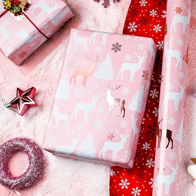 MAYPLUSS Christmas Wrapping Paper Roll, 17 Inch X 16.5 Feet Gift Wrapping Paper Featuring Tree Reindeer Reversible Snowflake Merry Christmas Thick Wrap Paper for Holiday Party New Year Kids