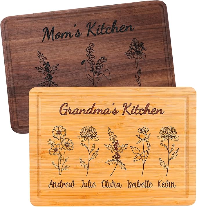 Personalized Cutting Boards, Gifts for Mom - Grandma, Birth Flower Grandma's Garden, Christmas, Birthday Mothers Day Gift for Grandma From Grandkids, Son - Daughter, Chopping Board for Mom's Kitchen