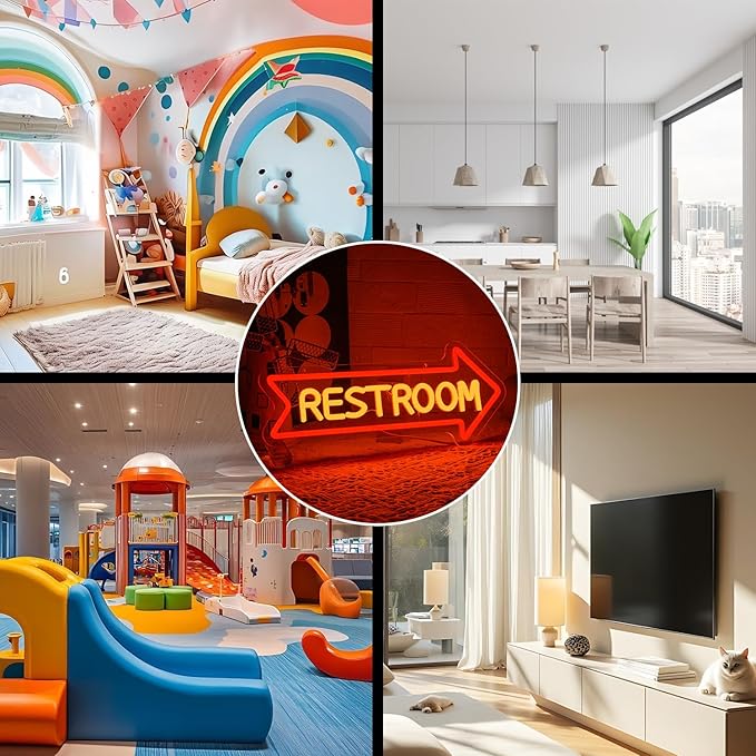 Restroom Neon Signs for Wall Decor Restroom Led Sign Dimmable USB Bathroom Neon Light with Arrow Toilet Bathroom Signs for Home Bar School Shopping Mall Hotels Hospitals