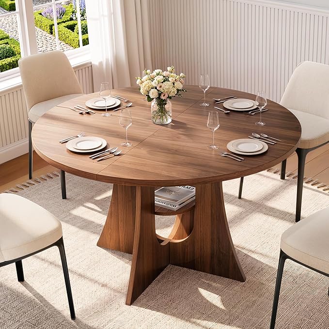 47" Round Dining Table for 4-6, Space-Saving Dining Room Table with Thick Tabletop and Sculptural Base, Wood Grain Dinner Table with Storage Shelf for Kitchen, Dining Room, Living Room, Walnut