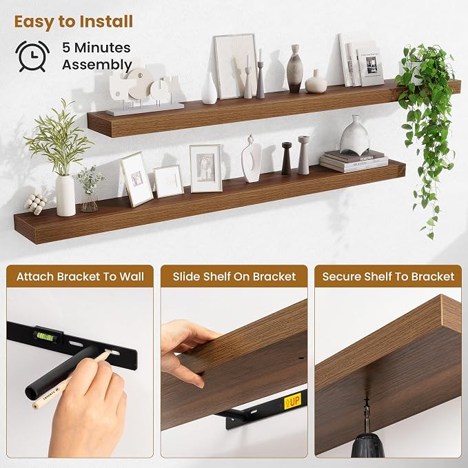 Fun Memories 55 Inch Floating Shelves Bedroom, Large Extra Floating Shelf Set of 2 with Invisible Brackets, Walnut