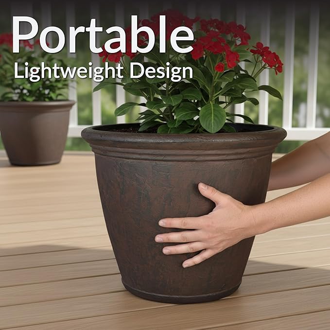 Sunnydaze 15.25-Inch Anjelica Large Plastic Pot for Plants - Double-Walled Outdoor Polyresin Round Planter with Drillable Drainage Holes - Rust - 2pk