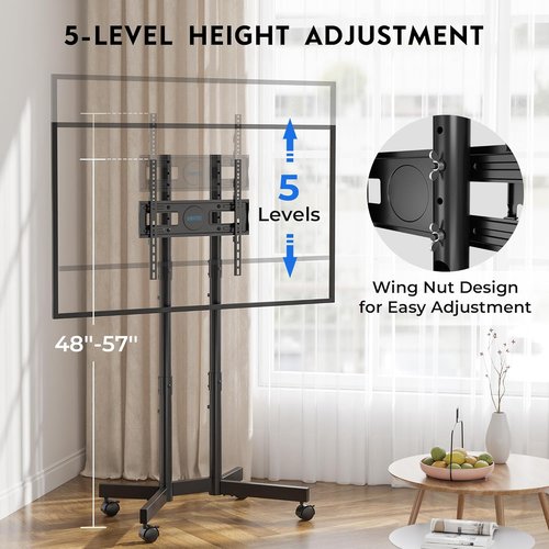 BONTEC Rolling TV Stand - Height Adjustable Mobile Cart for 32-75 Inch TVs | Supports Up to 110lbs, Dual-Column Design