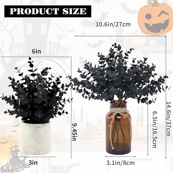 Black Eucalyptus Stems in Glass Vase with Faux Water for Halloween Decorations, 14" Eucalyptus Fake Plants for Home Bathroom Office Kitchen Farmhouse Shelf Centerpiece Coffee Table Decor