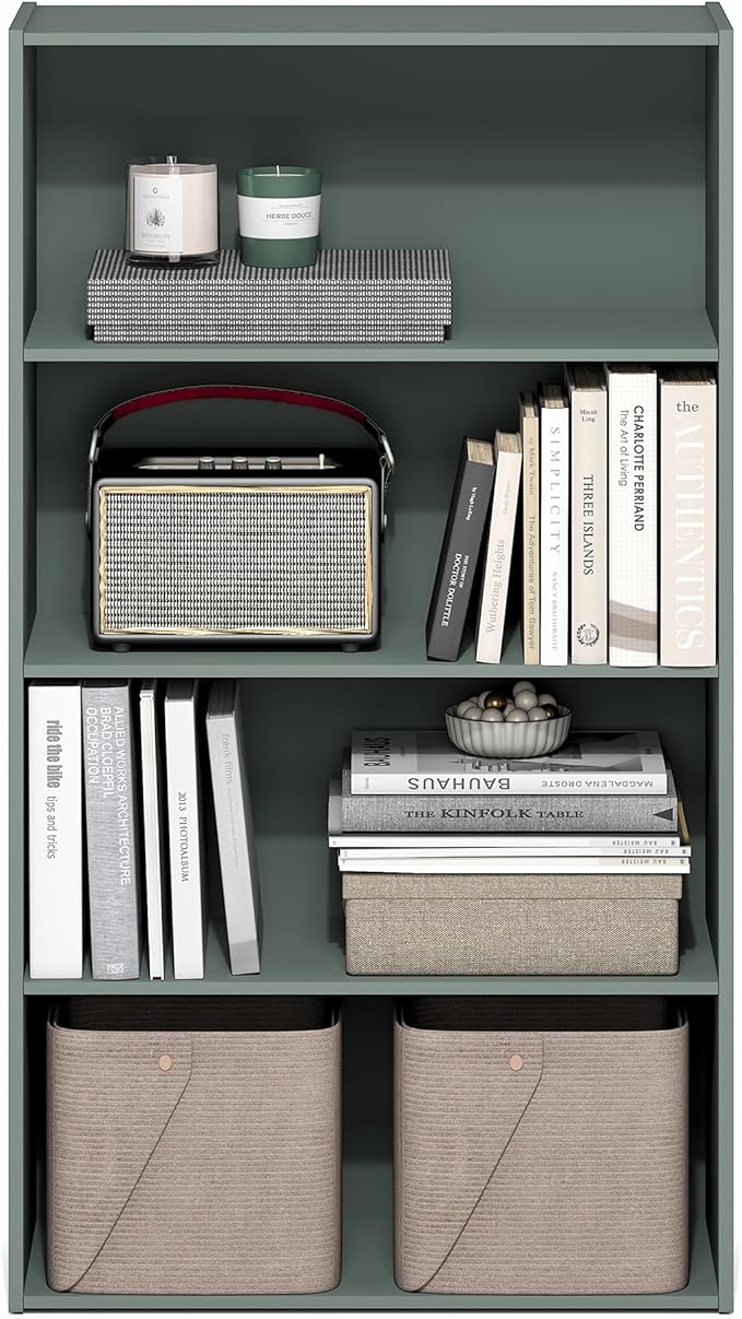 Furinno PASIR Book Shelf, 4-Tier Bookshelf, Bookcase, 9.4" x 23.6" x 41.7", for Living Room, Bedroom, Home Office, Sage Green