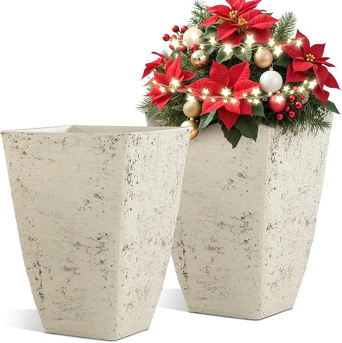 19" Plant Pots Tall Planters for Plants Outdoor Set of 2 Large Square Flower Pots Indoor Front Porch Decor Garden Pot with Drainage Hole Handmade Birch Bark Texture for Patio, Country White
