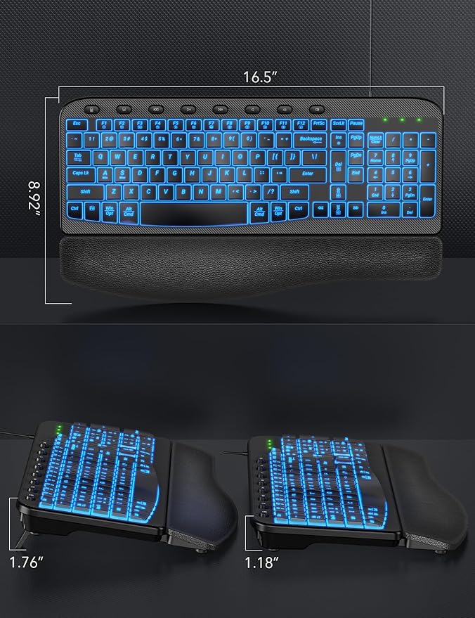 SABLUTE Ergonomic Keyboard, USB Wired with Cushioned Wrist & Palm Rest, 7-Color Backlit Adjustable Brightness for Windows, macOS, Desktop, Laptop & PC