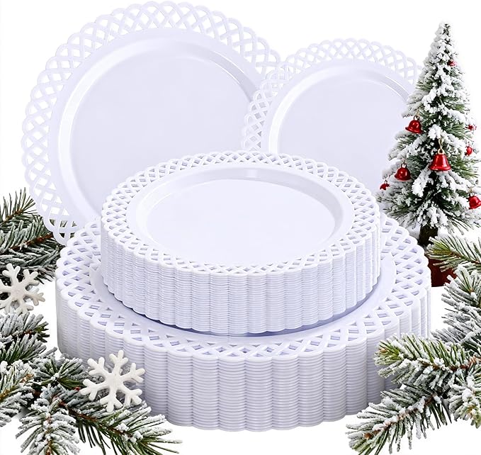 COLOSUS 60Pcs White Plastic Plates, Fancy White disposable Plates,Nice Scallop plates,Heavy Duty Lace Hollowed Out Plates include 30 Dinner Plate 10” and 30 Salad/Dessert Plate 7.5”for Christmas