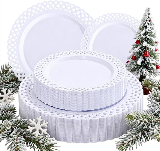 COLOSUS 60Pcs White Plastic Plates, Fancy White disposable Plates,Nice Scallop plates,Heavy Duty Lace Hollowed Out Plates include 30 Dinner Plate 10” and 30 Salad/Dessert Plate 7.5”for Christmas