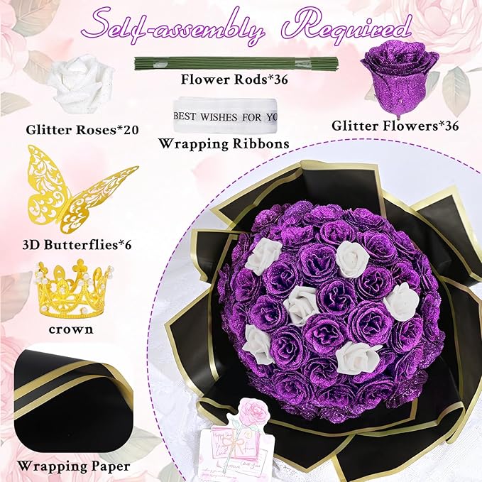 36+20 Glitter Roses Bouquet, DIY Fake Flowers Bouquet, Craft the Initials of Your Loves' Name with Artificial Rose for Valentines, Anniversary, Wedding, Mothers Day Gifts, Purple & White