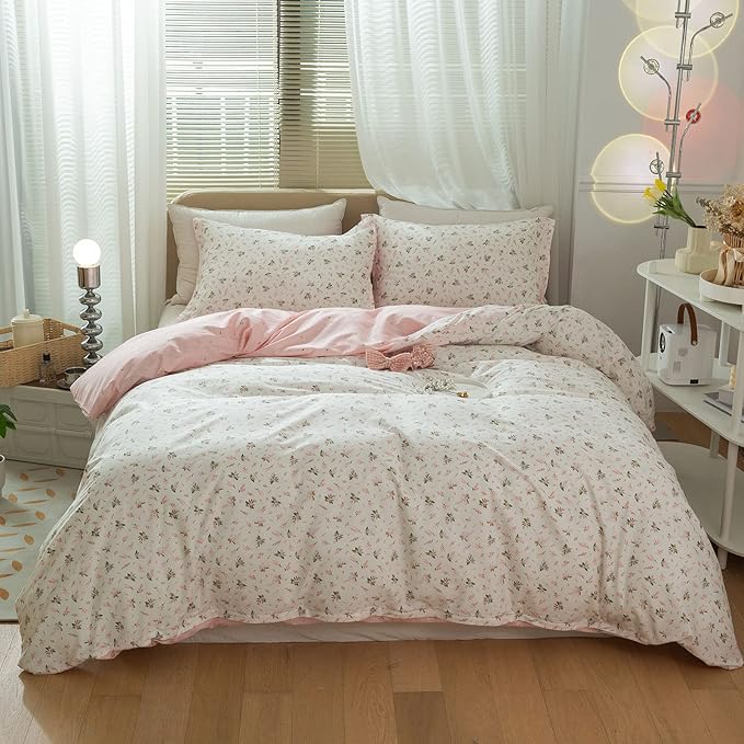 Floral Girls Duvet Cover Full Size 100% Cotton Pink Floral Duvet Cover Chic Garden Style Botanical Flower Bedding Set Lightweight Soft Aesthetic Floral Comforter Cover with 2 Pillowcases, No Comforter