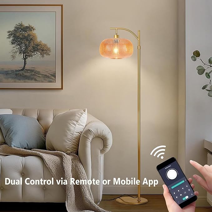 Glass Floor Lamp for Living Room, Modern Standing Lamp for Bedroom, Dimmable Tall Lamp with Shade, Remote,12W LED Bulb Included (Gold+Amber)