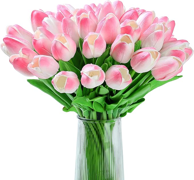 20pcs Pink Tulips Artificial Flowers Fake Silk Tulips Real Touch Flowers for Spring Kitchen Wedding Home Decor Arrangements Easter Decor 14 Inch