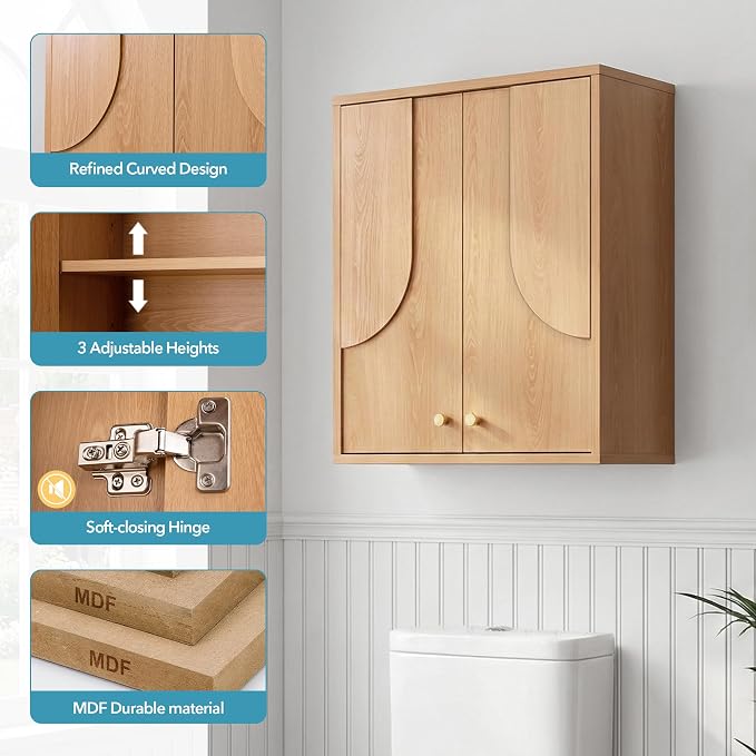 VANIRROR Arched Wood Medicine Cabinet with Soft Close - Premium 25 Lbs Japandi Wall Cabinet - French Cleat Over The Toilet Organizer for Bathroom, Coffee Bar & Entryway