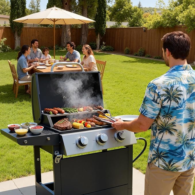 EUHOME Stainless Steel 3-Burner Gas Grill, 25650 BTU Outdoor BBQ Grill with Side Table, 338 sq.in Cooking Area, Perfect for Patio, Deck & Family Barbecues
