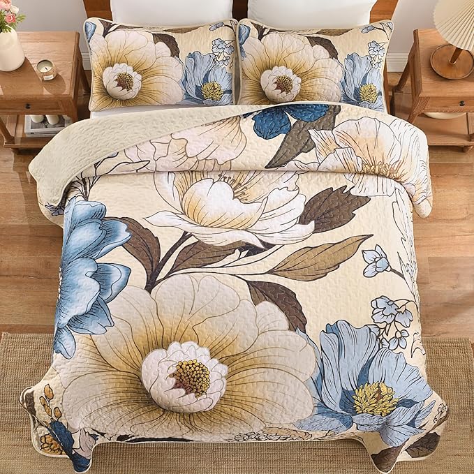 Dintszyayue Khaki Quilt Set King, 3 Pieces Beige Floral Bedspreads Lightweight Coverlet Set for All Seasons, Reversible Quilted Printed Bedding Set with 2 Pillow Shams
