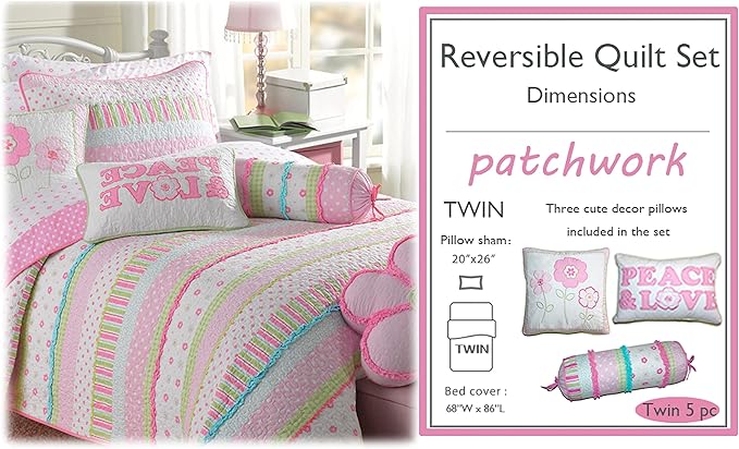Cozy Line Home Fashions Pink Ruffle Flowers Polka Dot Girl 100% Cotton Reversible Quilt Bedding Set, Coverlet, Bedspread for All Seasons (Twin - 5 Piece)