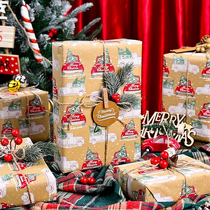 MAYPLUSS Kraft Christmas Wrapping Paper Roll - 17 Inch X 33 Feet - Recyclable Red Vintage Truck with Pine Trees Kraft Festive Winter Gift Wrap Paper Sheet for Christmas, Holiday, Party Decor, New Year