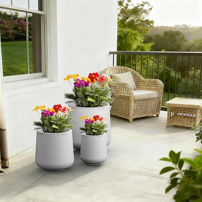 Kante 15.3"+11.6"+8.2" Dia Round Concrete Planter, Large Outdoor Indoor Planter Pots Containers with Drainage Holes and Rubber Plug for Home Garden Patio, Pure White