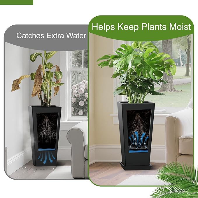 24" Tall Planters for Outdoor Plants, Set of 2 Large Outdoor Planters for Front Porch Decor with Drainage Hole, Tall Planter (Black)