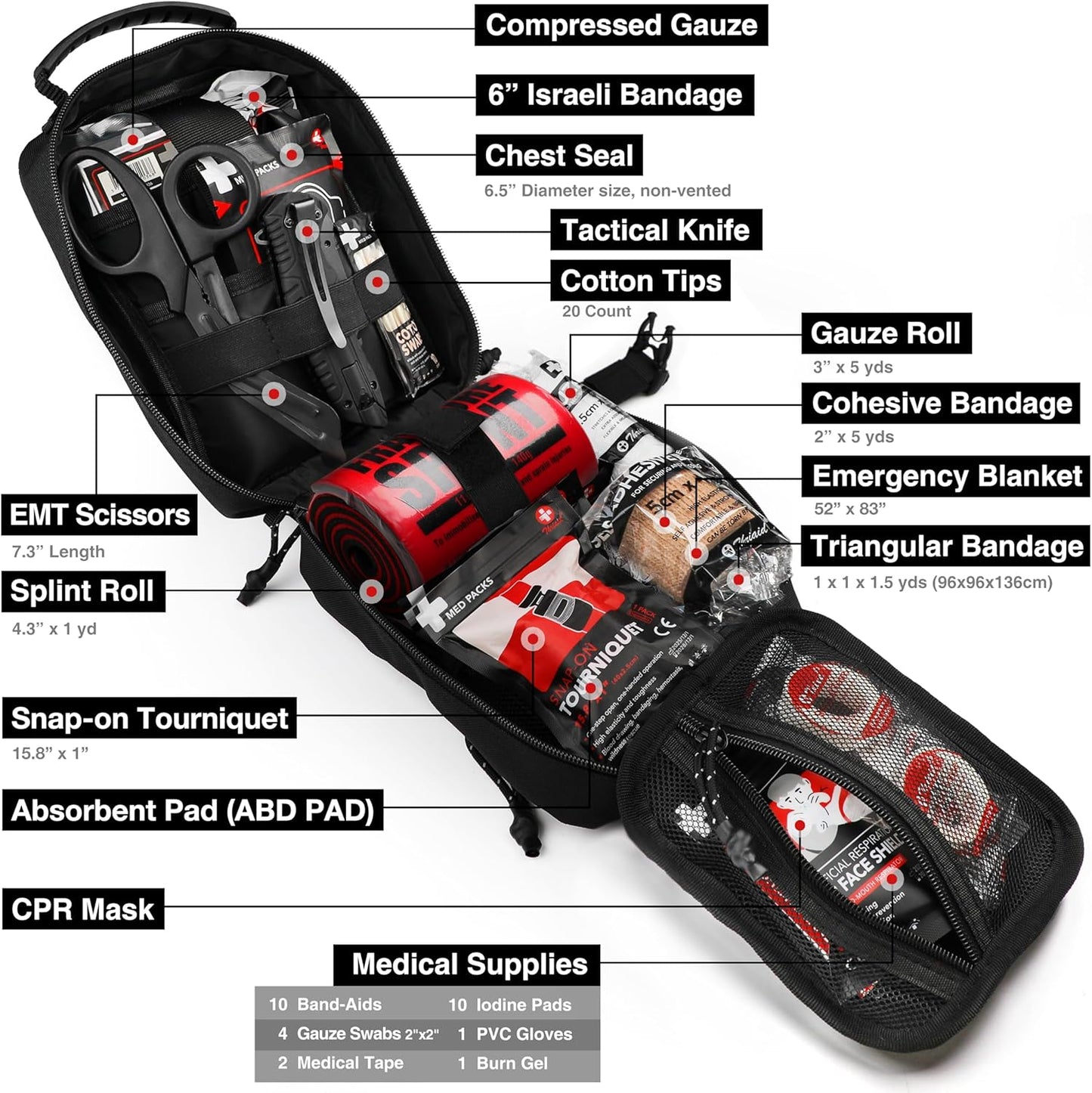 Survival First Aid Kit - Tactical Military Combat IFAK with Israeli Bandage & Tourniquet | Black