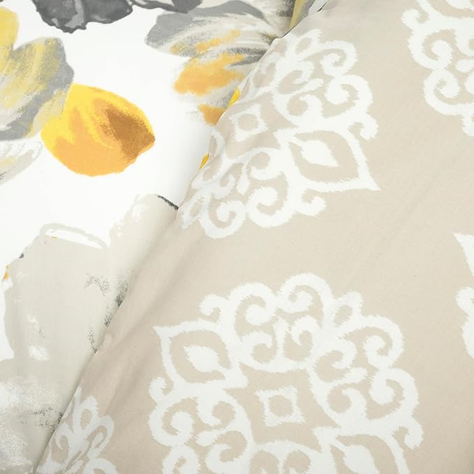 Lush Decor Leah Reversible 100% Cotton Duvet Cover Set, 3 Piece Set, King, Yellow & Gray - King Bedding Set - Yellow Duvet Cover - Country Floral Decor